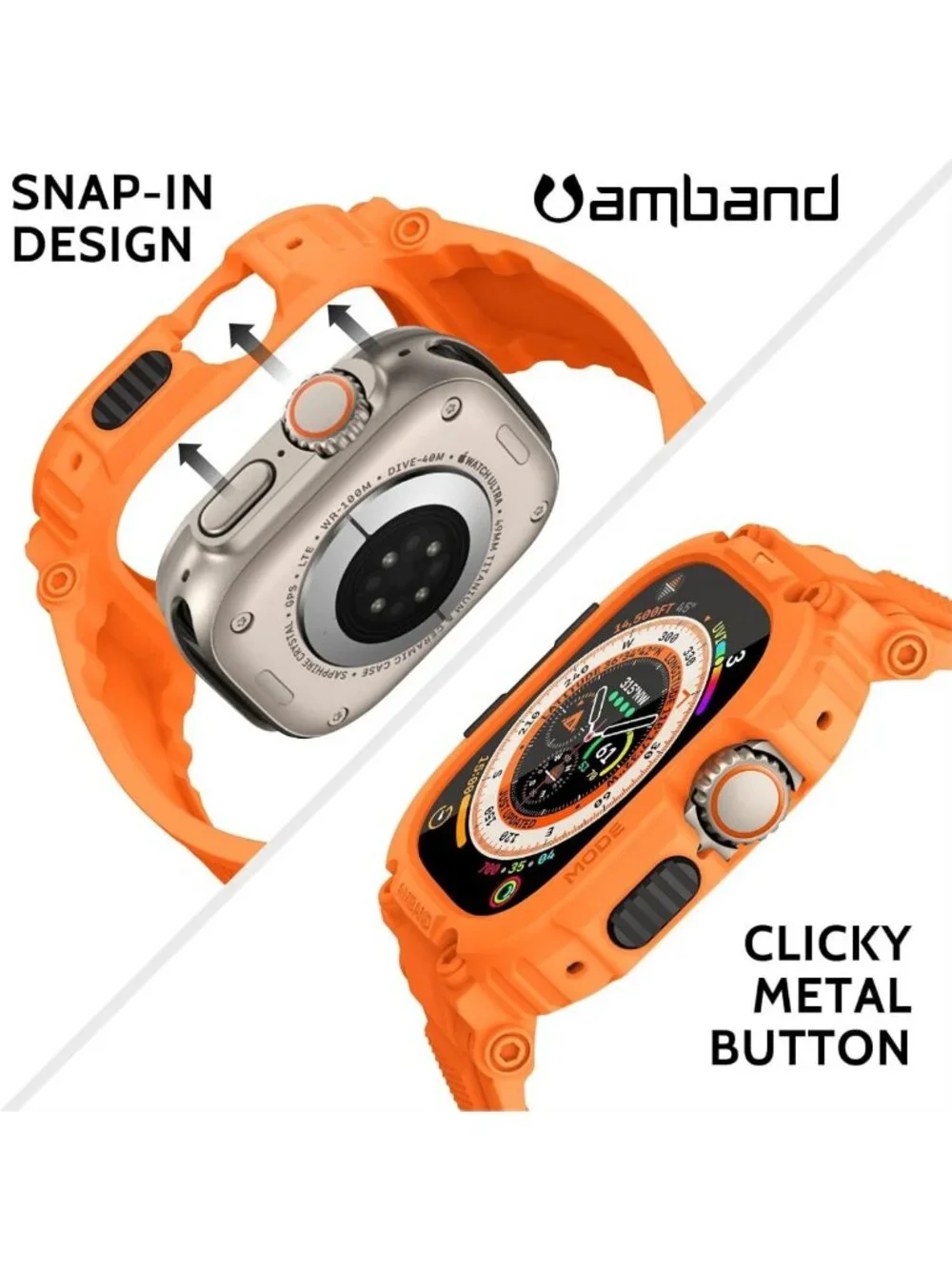 Rugged Apple Watch Case & Screen Protector, 49mm, Tempered Glass, Orange Strap